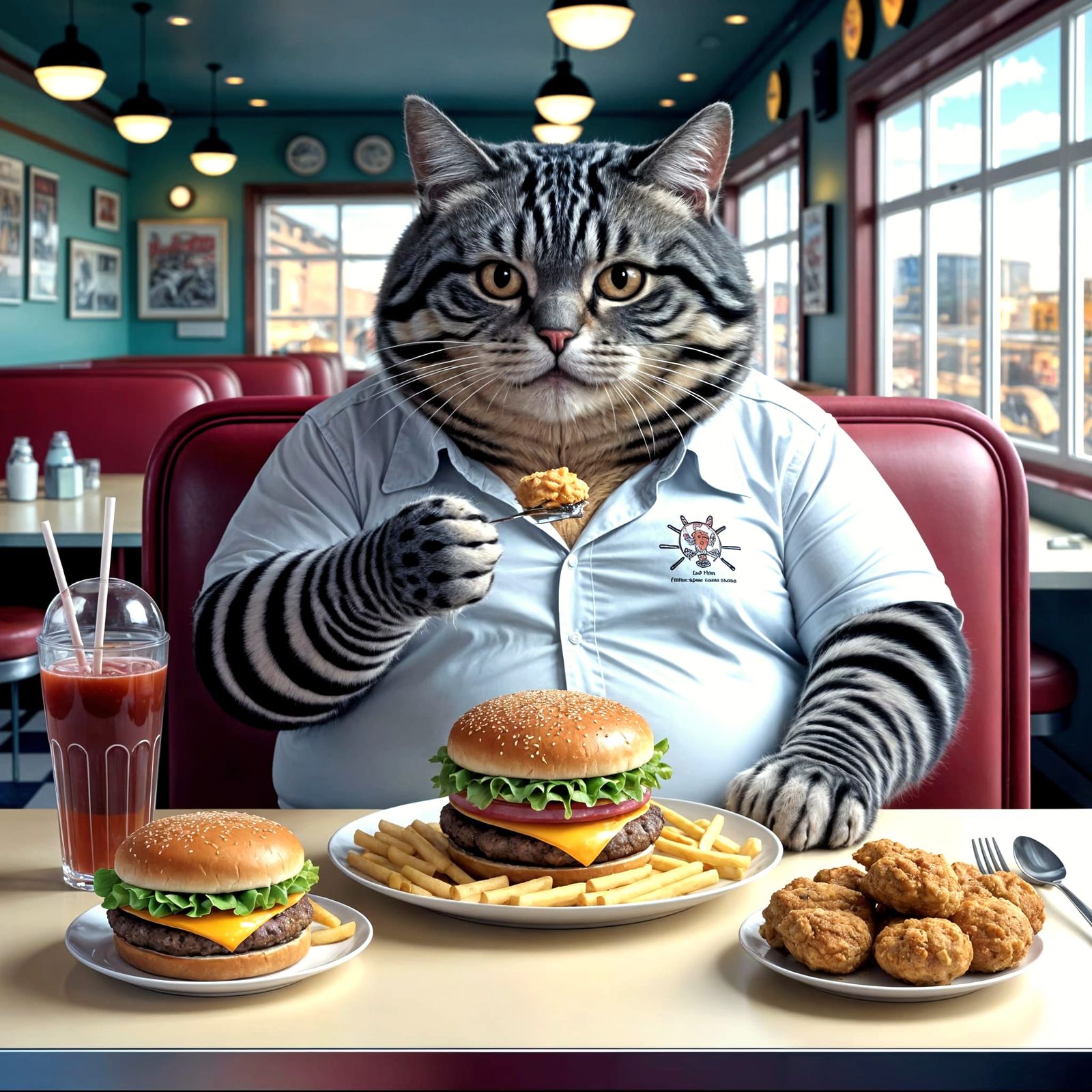 Hyperrealist Fat Cat Devours Diner Feast