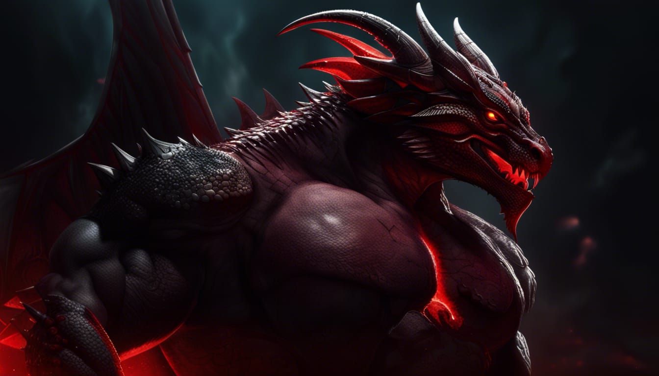 Hypermuscular Dragon Bodybuilder in Red Illumination