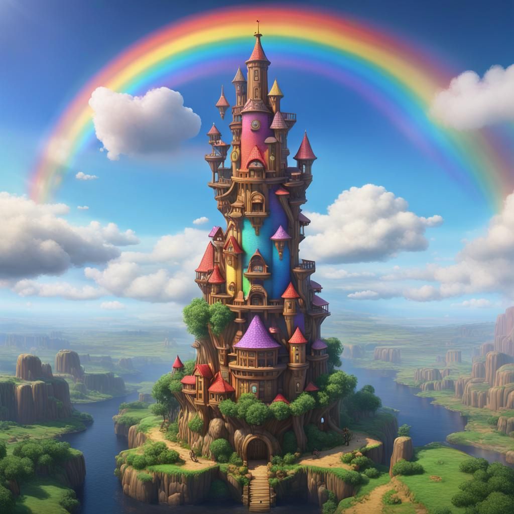 Rainbow Tower in the Sky: Dark Fantasy Concept Art