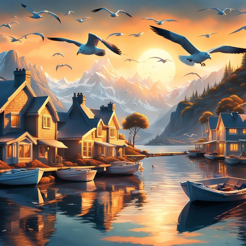 Seagulls Hovering at Quayside: Cinematic Digital Painting