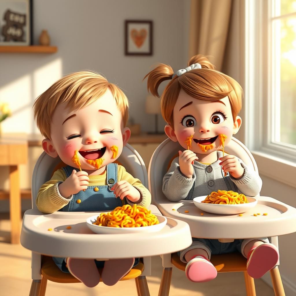 Toddler Twins' Spaghetti-Os Adventure in Pixar Style