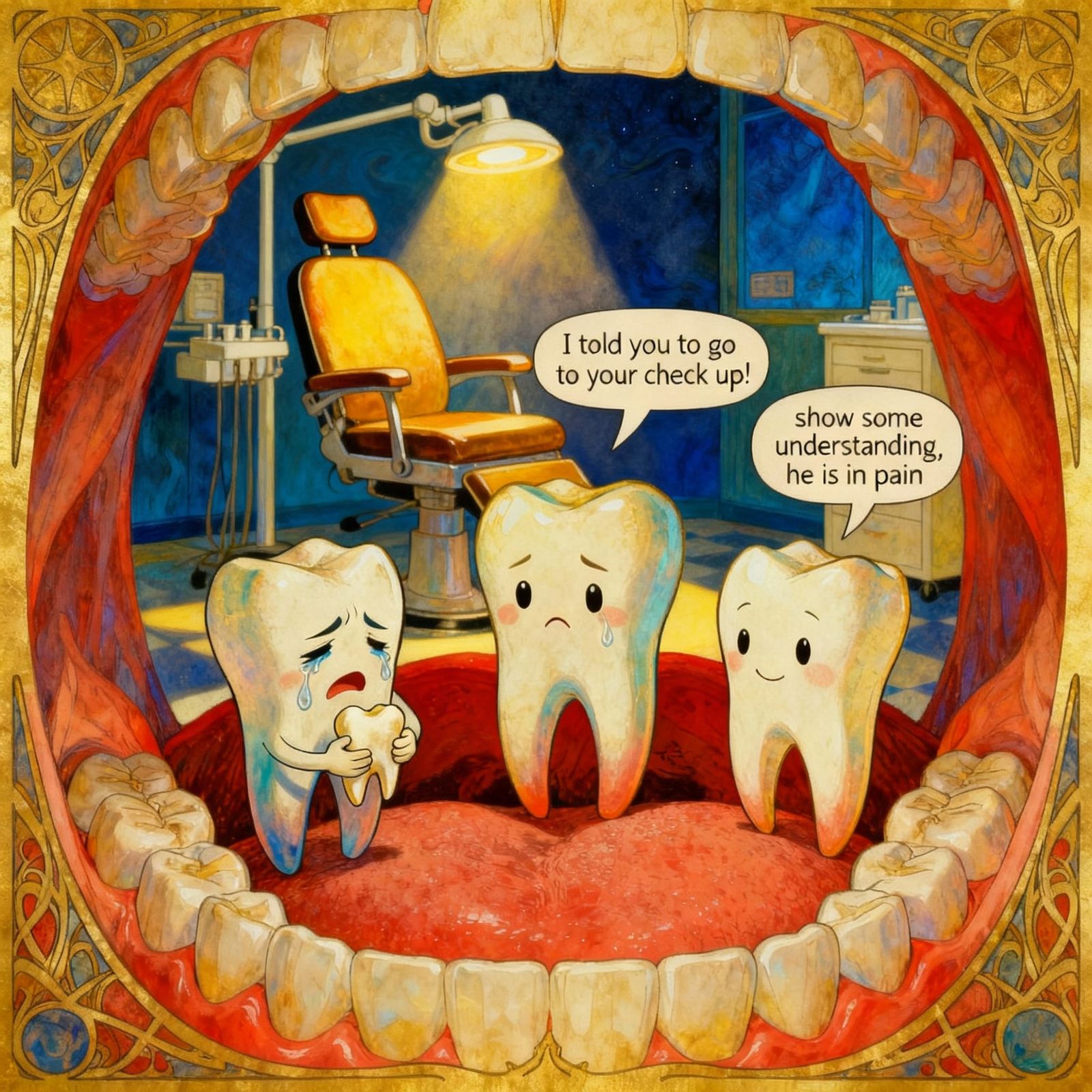 Anthropomorphic Teeth in Dentist Waiting Room Illustration