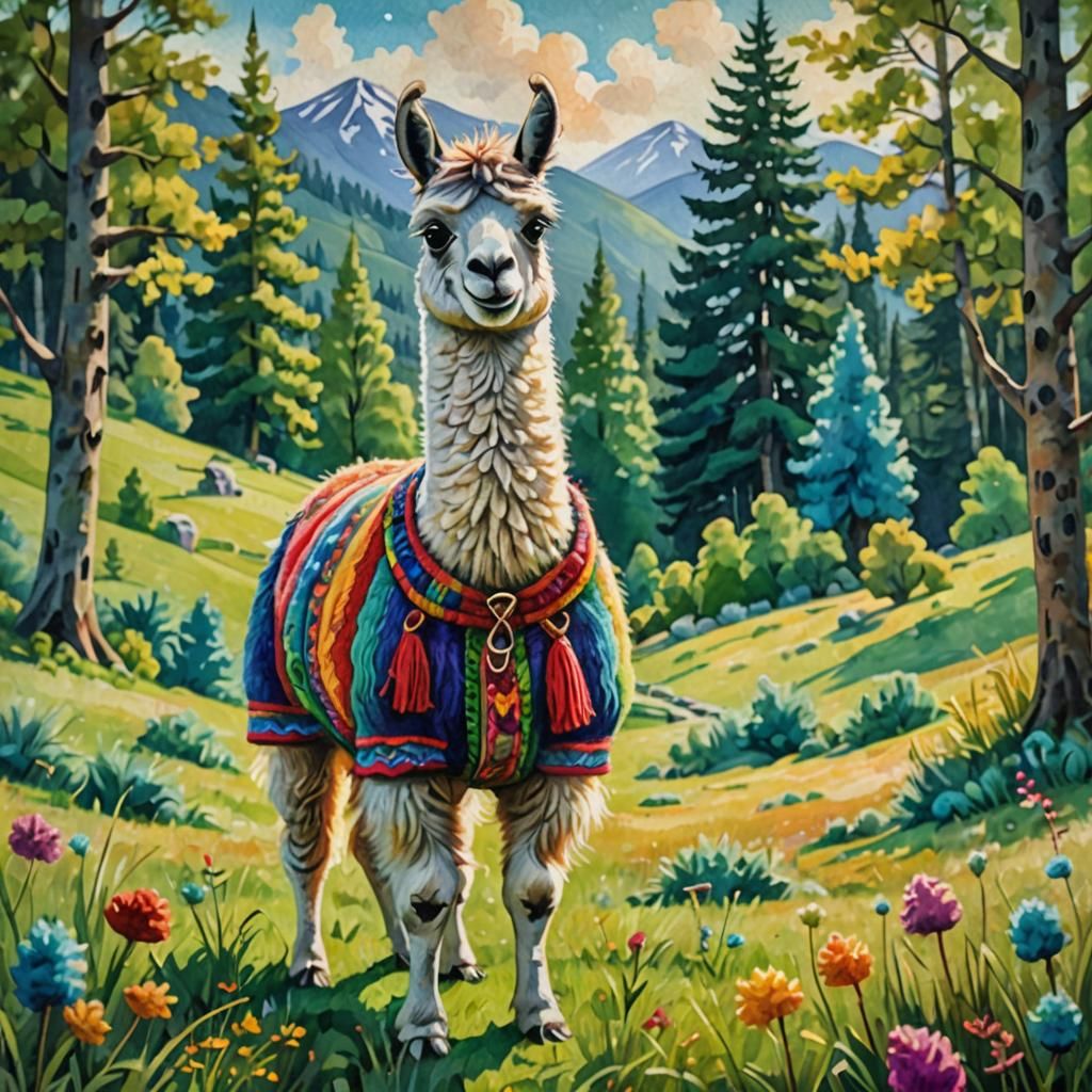 Llama in Meadow: Vibrant Wool Naive Art