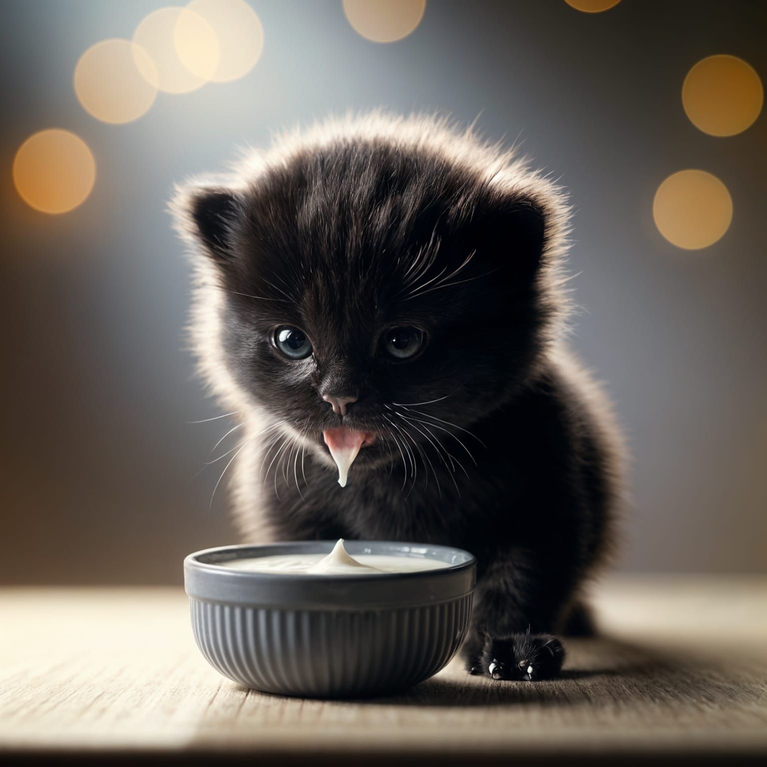 Hyper-Realistic Kitten in the Moment of Drinking Fresh Milk