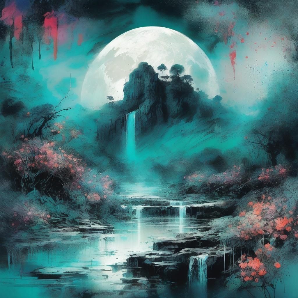 Lush Moonlit Landscape in Watercolor Splatter Art