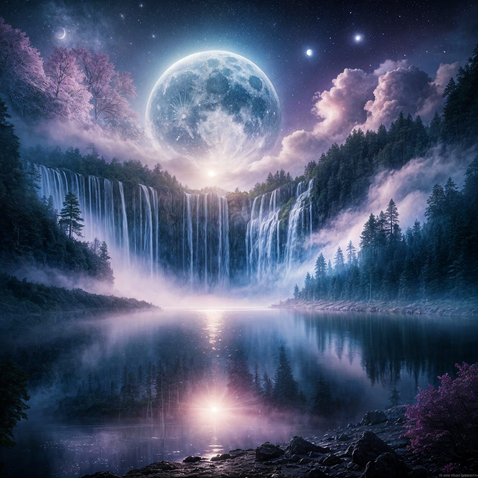 Dreamscape Waterfall Under Luminous Moon with Pink and Viole...