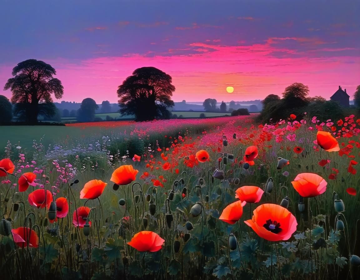 Poppies in Pink Evening Light: Painterly Landscape