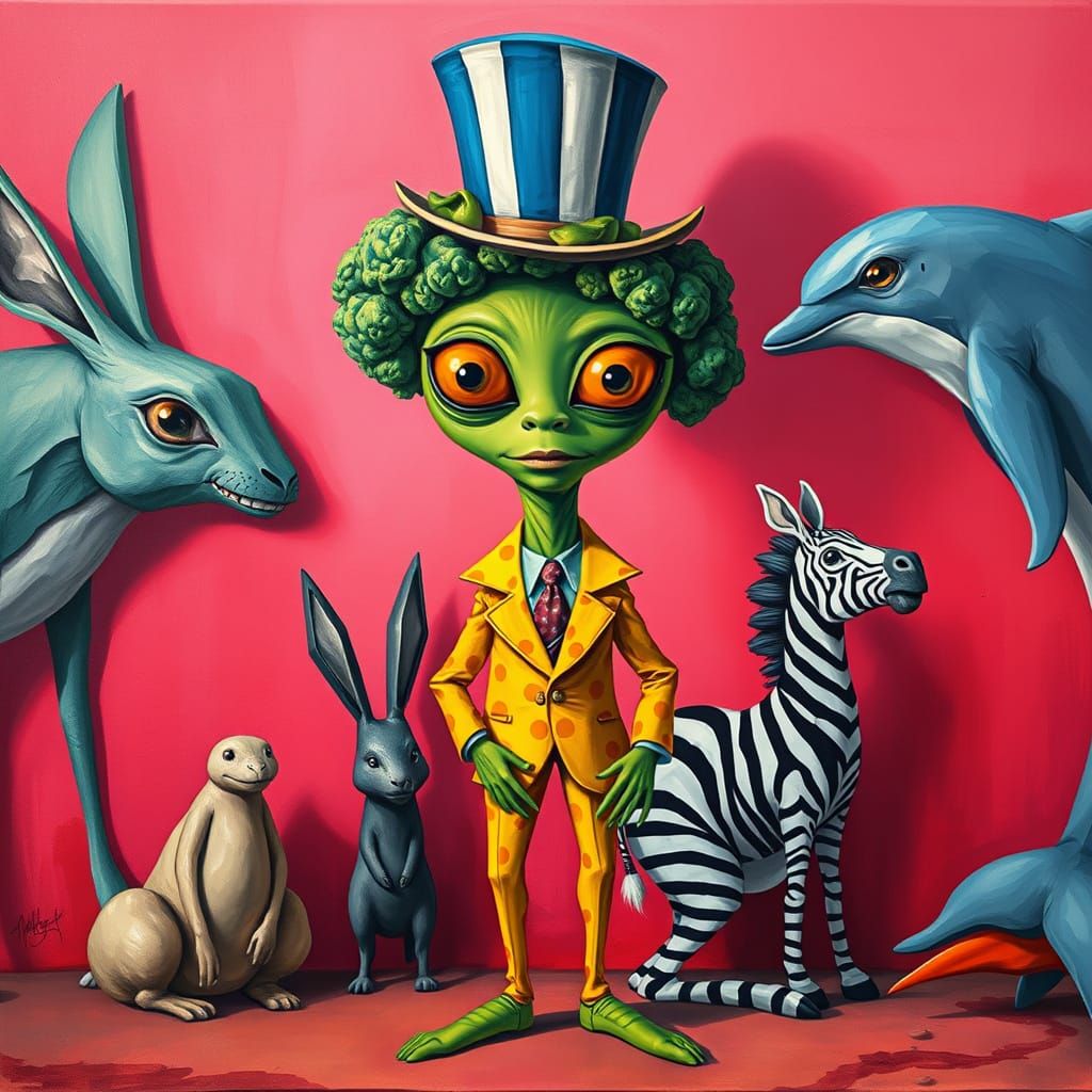 Surreal Alien Broccoli Character in Tim Burton Style