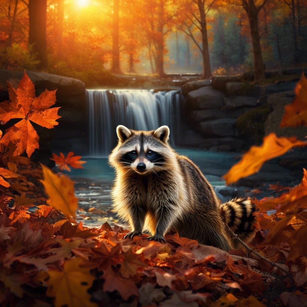 Photorealistic Raccoon in Autumn Forest at Sunset