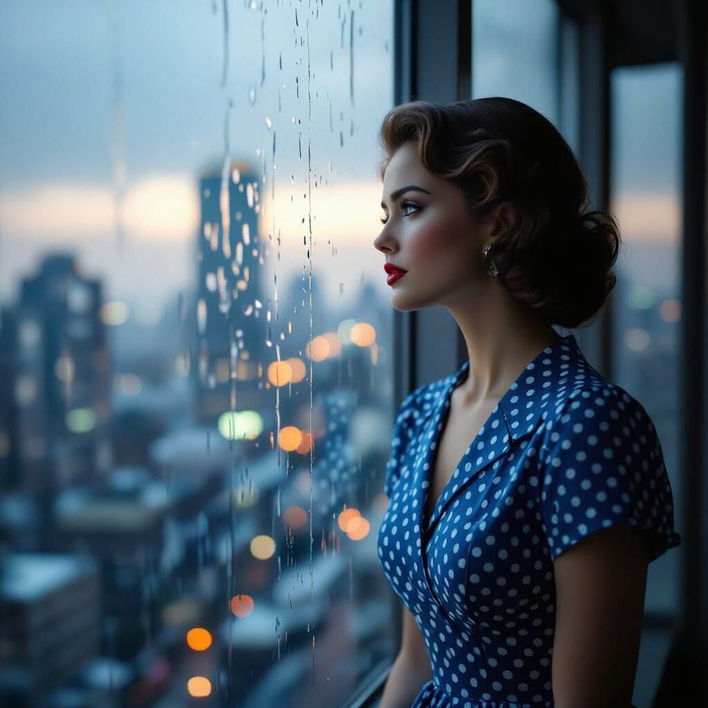 Wistful Woman in 1950s Polka Dot Dress Gazes Out Window