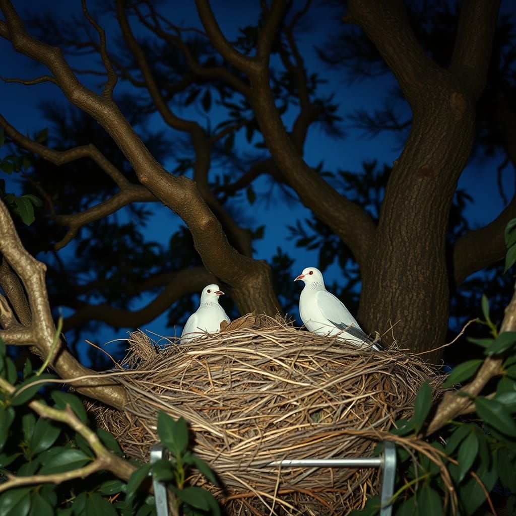 Pair of Pigeons in Flashlight Spotlight