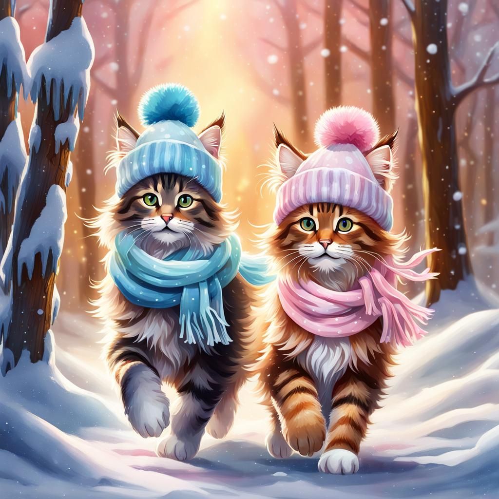 Maine Coon Kittens in Winter Forest, Watercolor Gouache