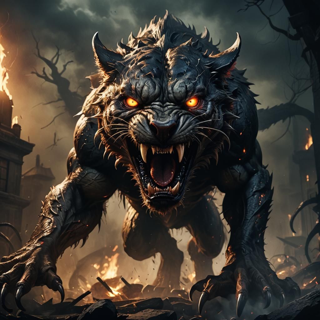 Ominous Carnivore Emerging from Shadows in Dark Fantasy