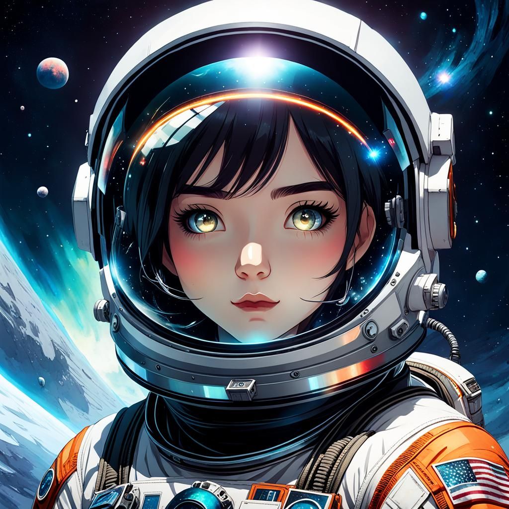 Anime Cat Astronaut Portrait in Watercolor Style