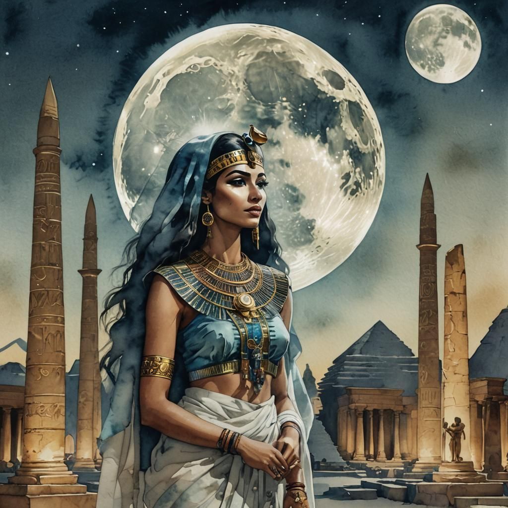 Egyptian Priestess and Moon in Double Exposure