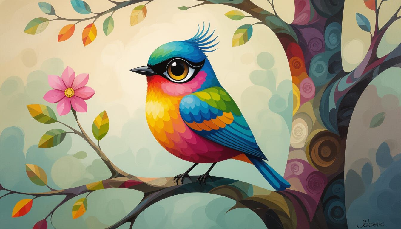 Whimsical Surreal Bird in Tree Painting