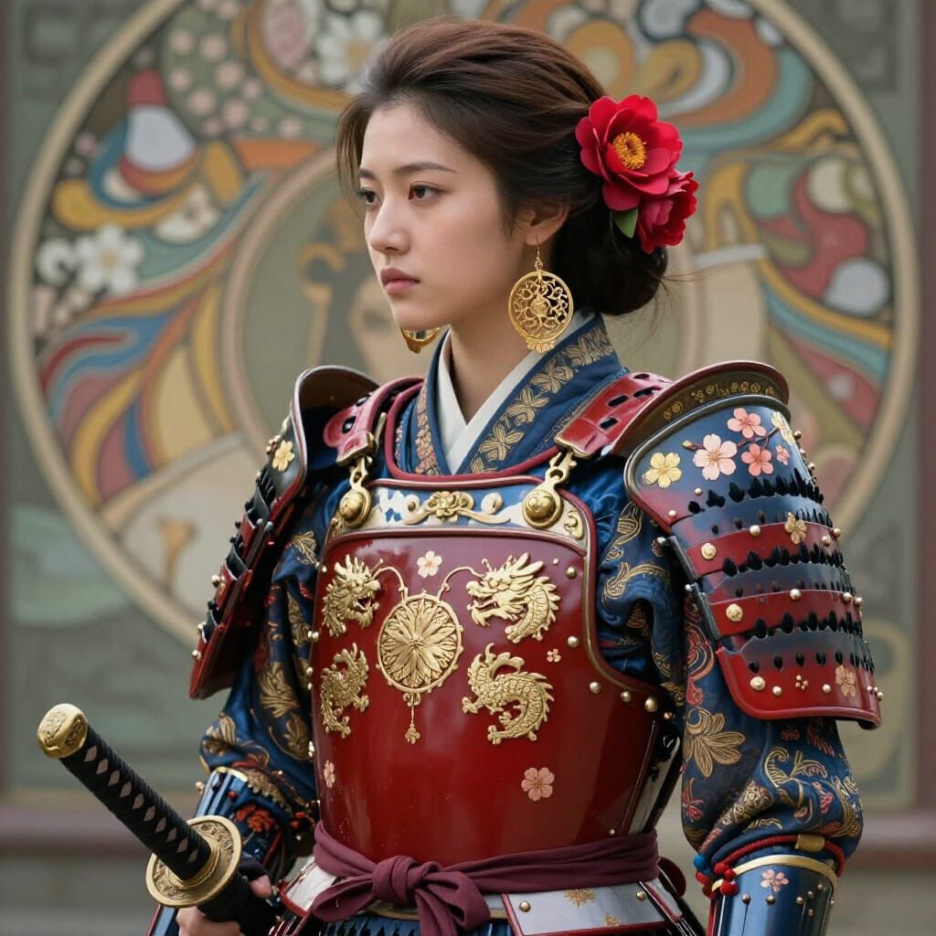 Japanese Woman in Ornate Samurai Armor with Floral Accents