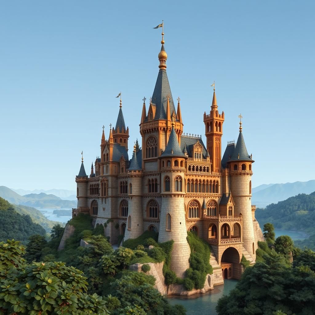 Intricate Carved Medieval Castle in Art Nouveau Style