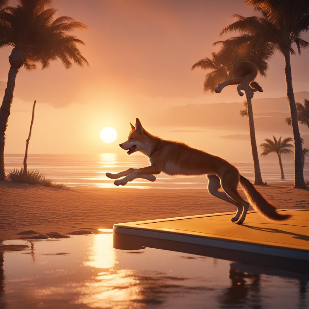 Dingo on Trampoline at Sunset: Fantasy Concept Art