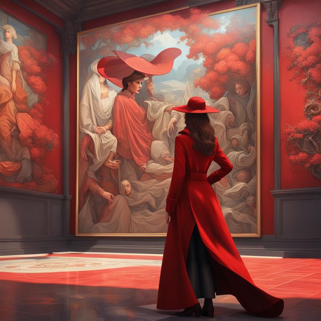 Spy in Red at Art Gallery, Hyperdetailed Concept Art