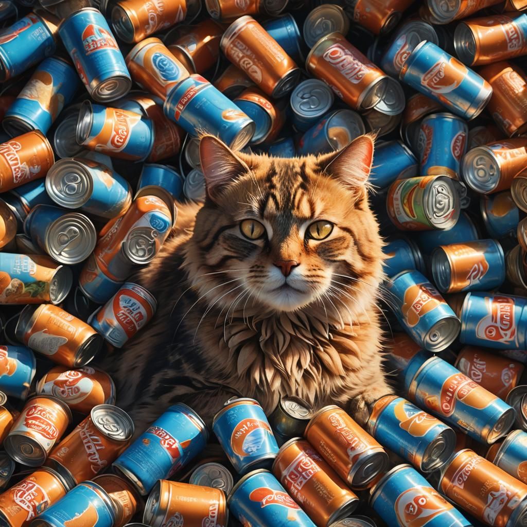Cat in Pop Cans, Whimsical Fantasy Art
