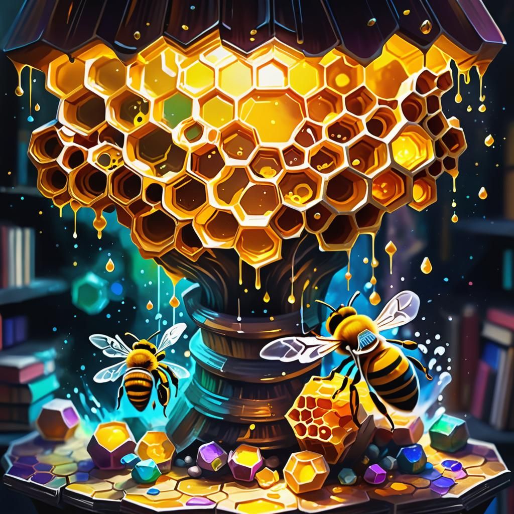 Magic Potions in Honeycomb Beehive: Hyperrealistic Digital A...