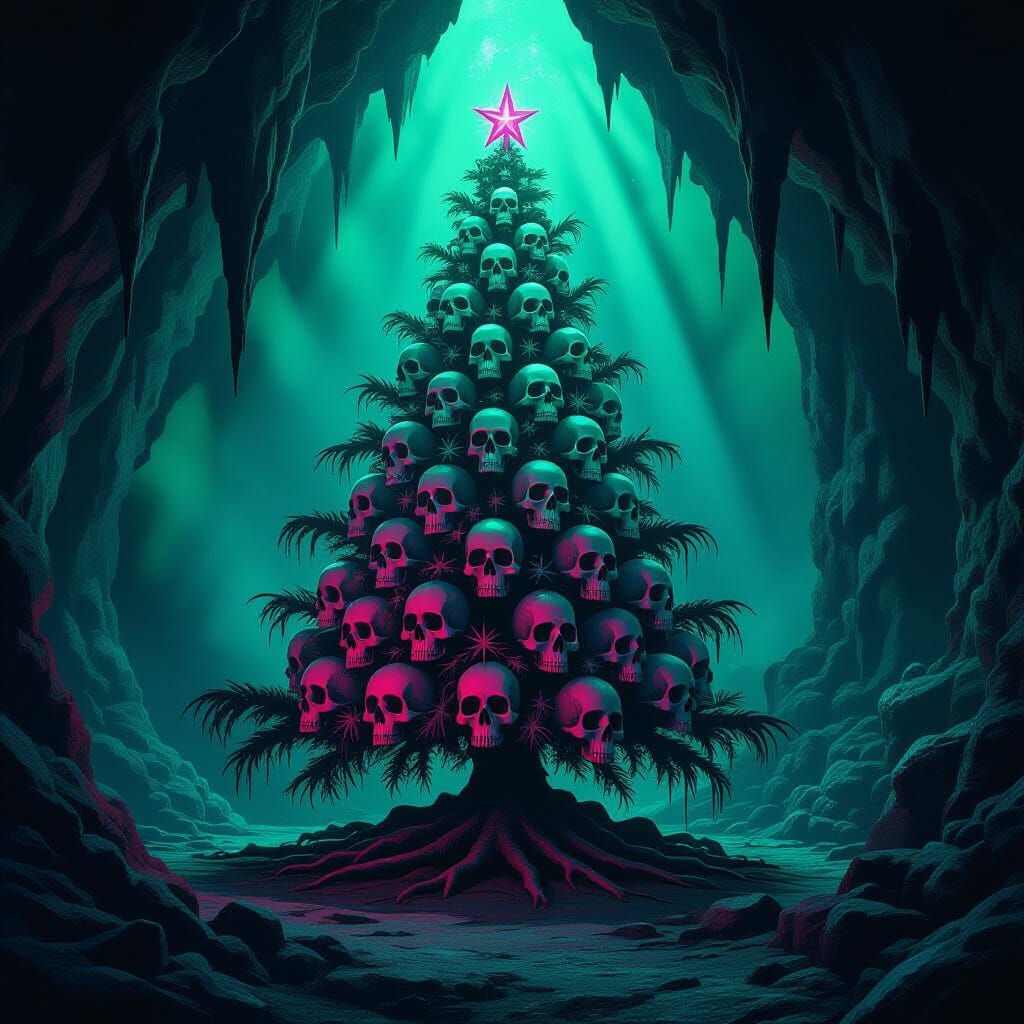 Macabre Christmas Tree in Eerie Cave Setting