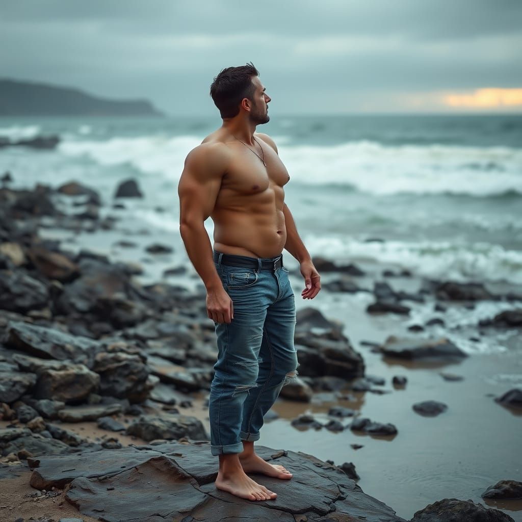 Hyperrealistic Man on Rocky Beach Gazing at Ocean