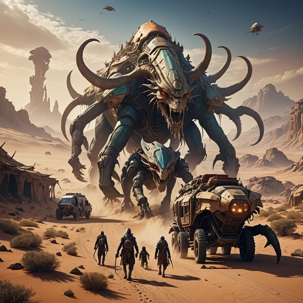 Alien Beasts Pulling Desert Caravan on Wasteland