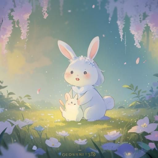 Cute Bunny Yawns on Flower: Fantasy Concept Art