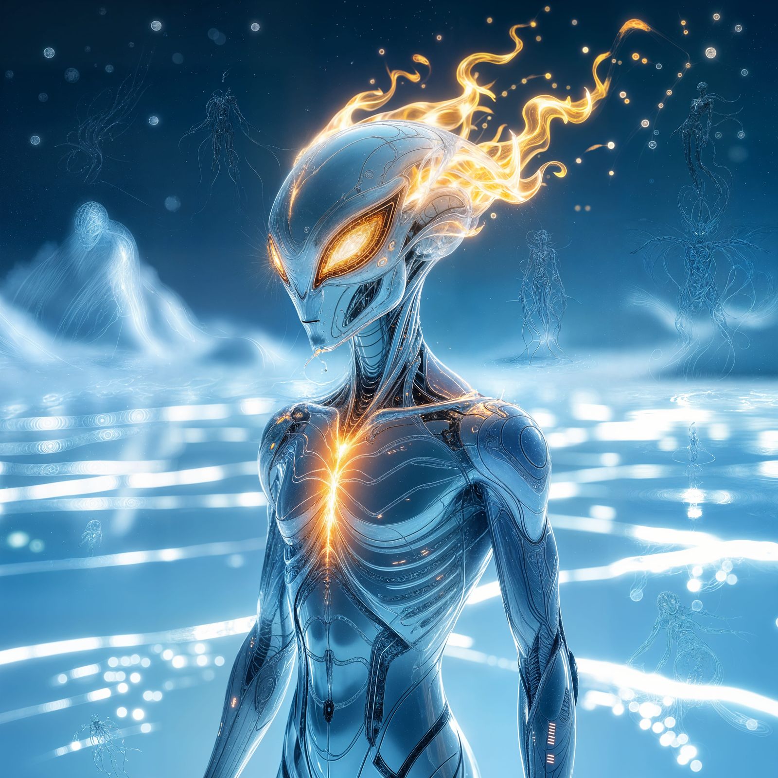 Transparent Alien with Fiery Serpent Head on Icy Surface