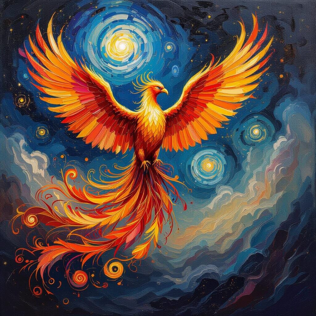 Phoenix Reborn from Ashes in Cosmic Impressionist Style