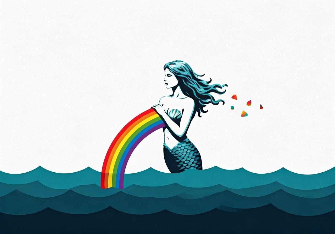 Mermaid Bites Rainbow: Minimalist Street Art