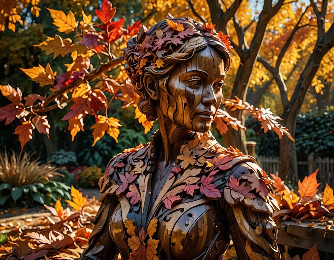 Wooden Sculpture in Autumn Garden: Hyperrealistic Art