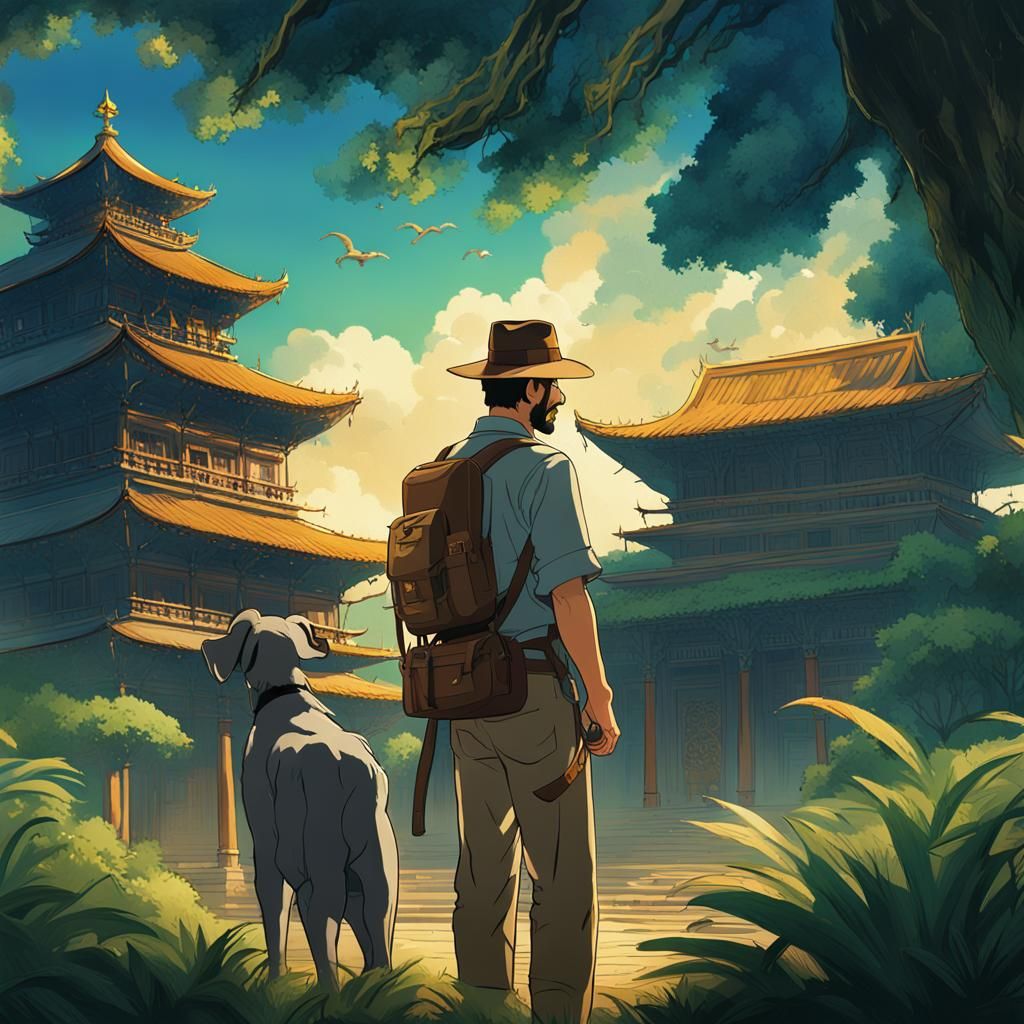 Indiana Jones and Dog at Golden Temple, Anime Style
