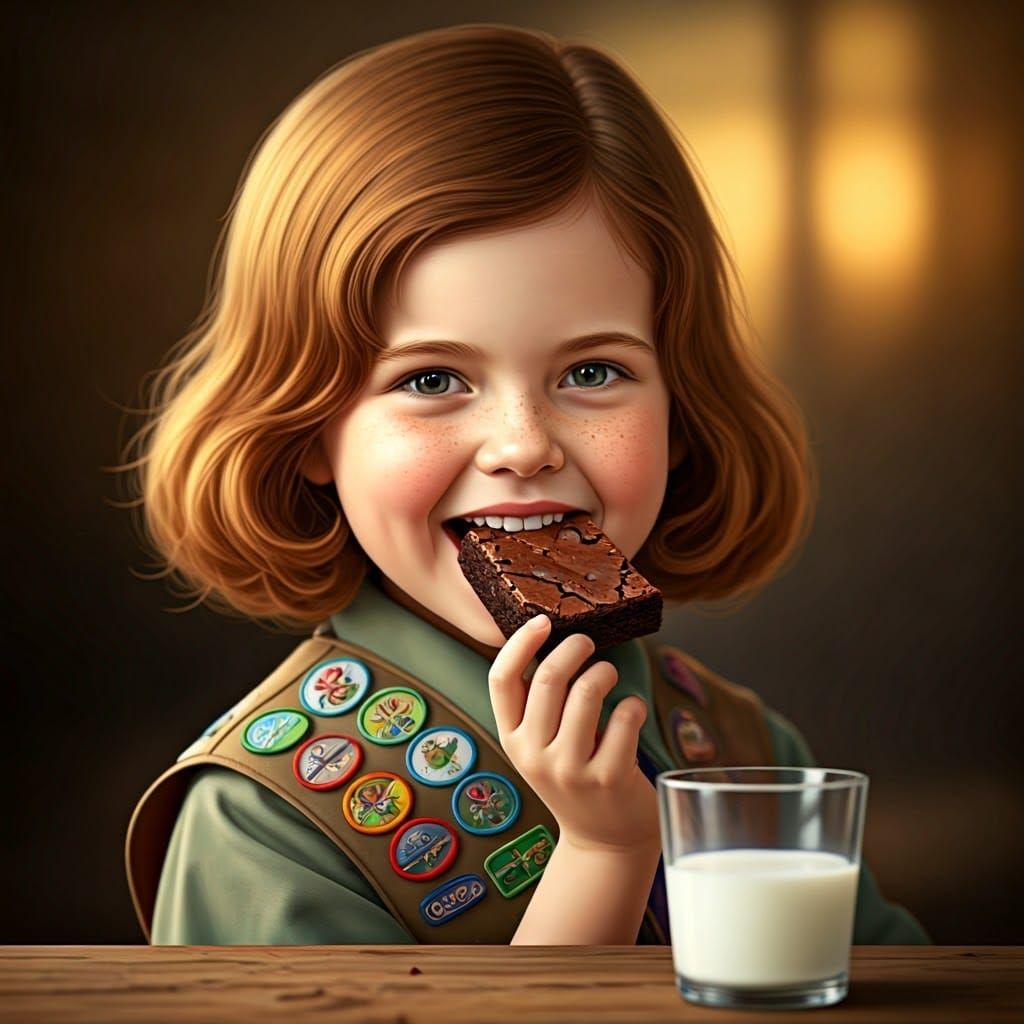 A Girl Scout Brownie eating a brownie