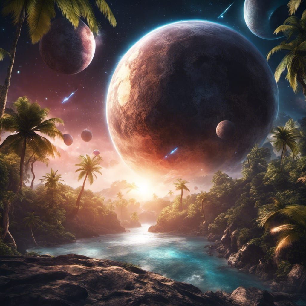 Exoplanet with Twin Suns and Three Moons in 3D