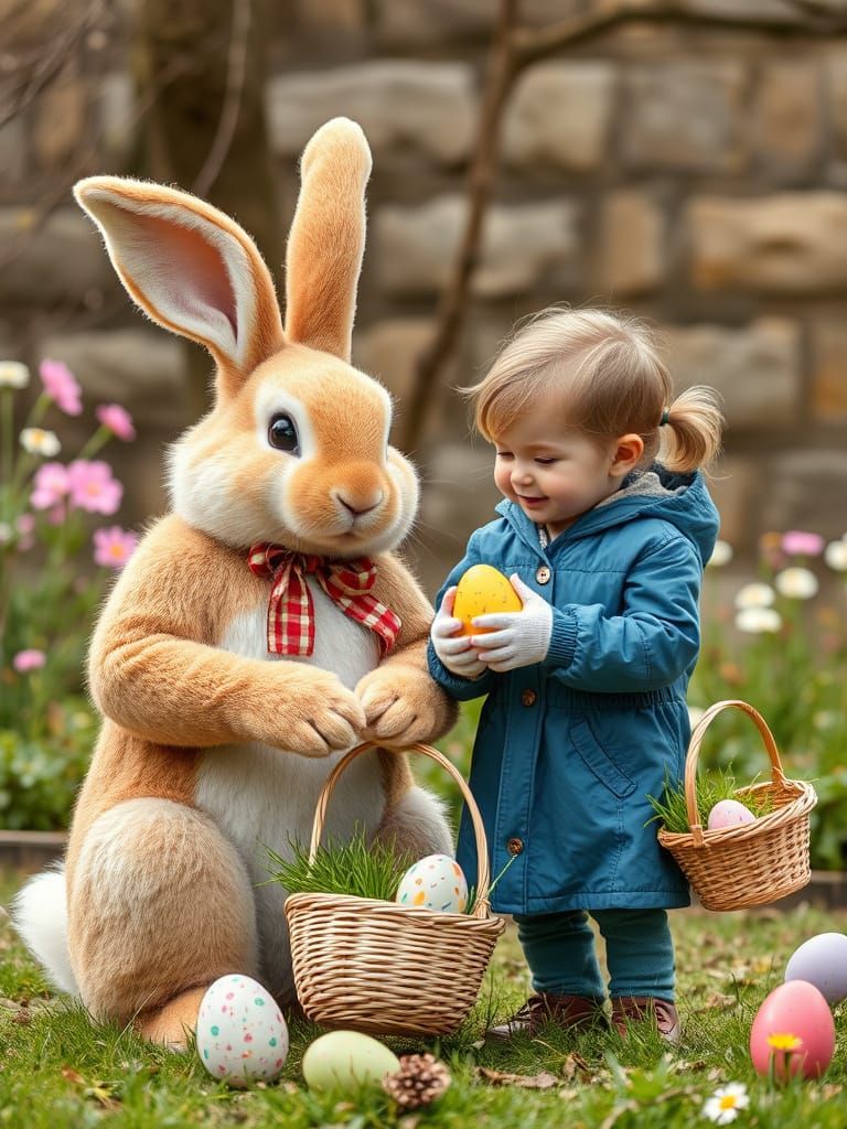 Rabbit and the bunny rabbit they are giving little kids east...