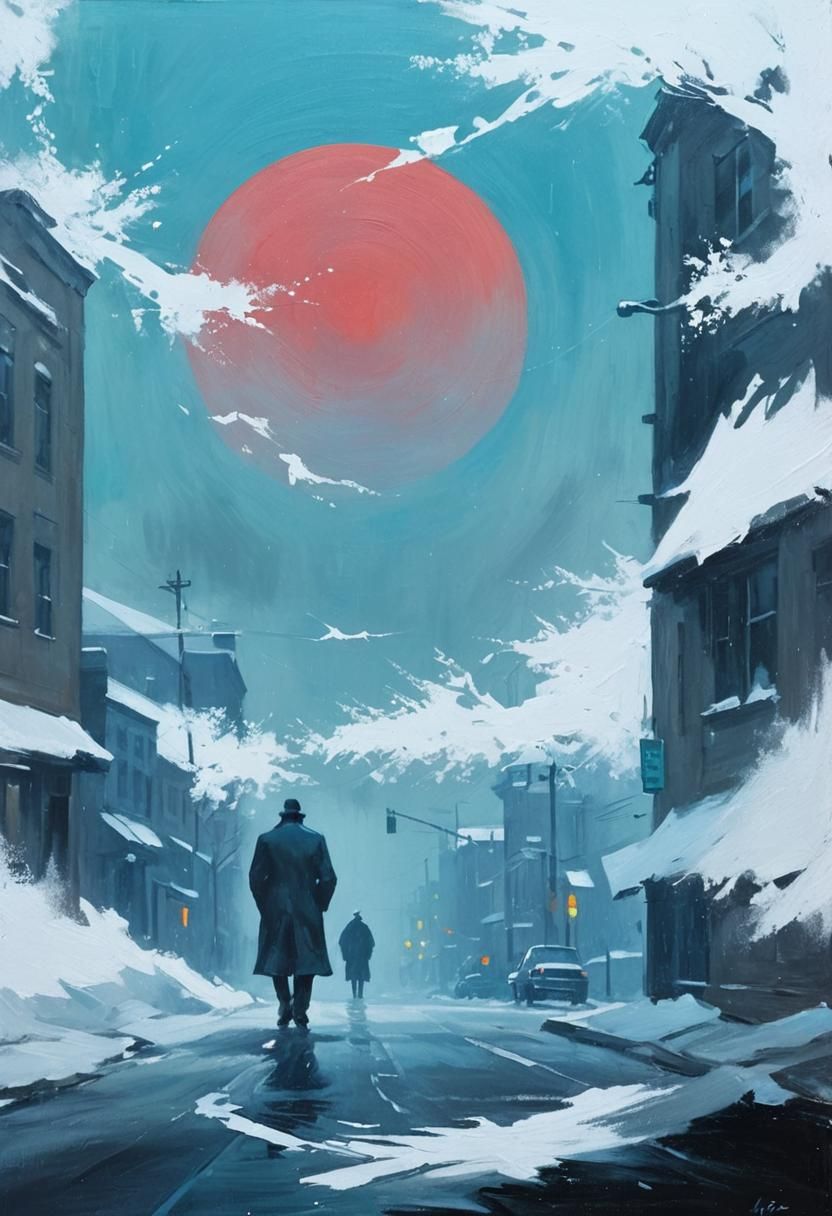 Noir Oil Painting of Lone Figure in Snowstorm