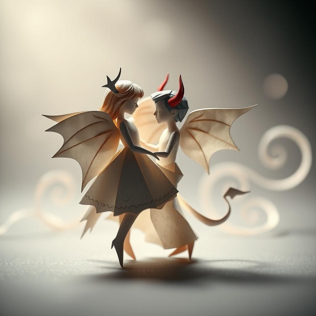 Origami Angel Girl and Devil Boy Paper Art