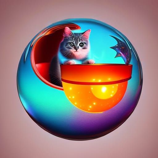 3D cute little kitten inside of a giant glowing orb, highly ...