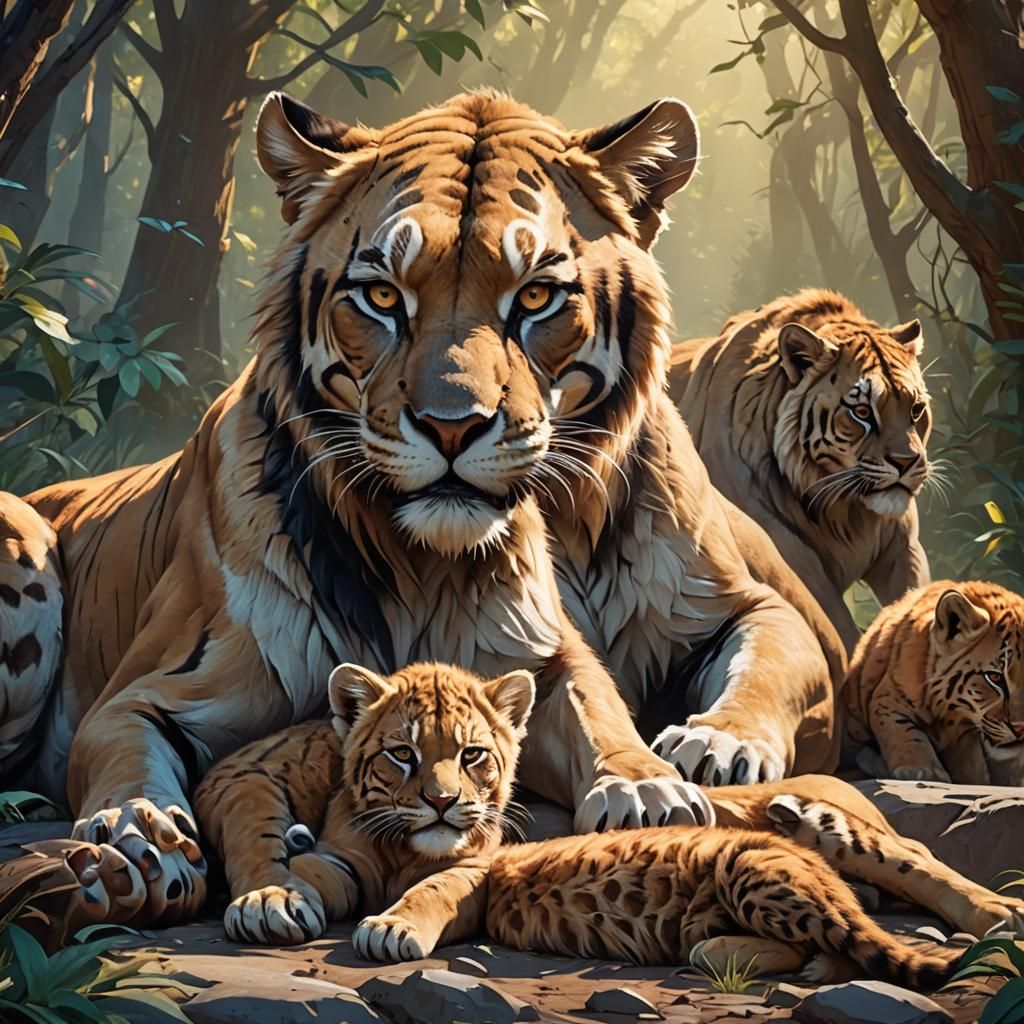 Saber-Tooth Cat Protects Cubs: Hyperdetailed Portrait