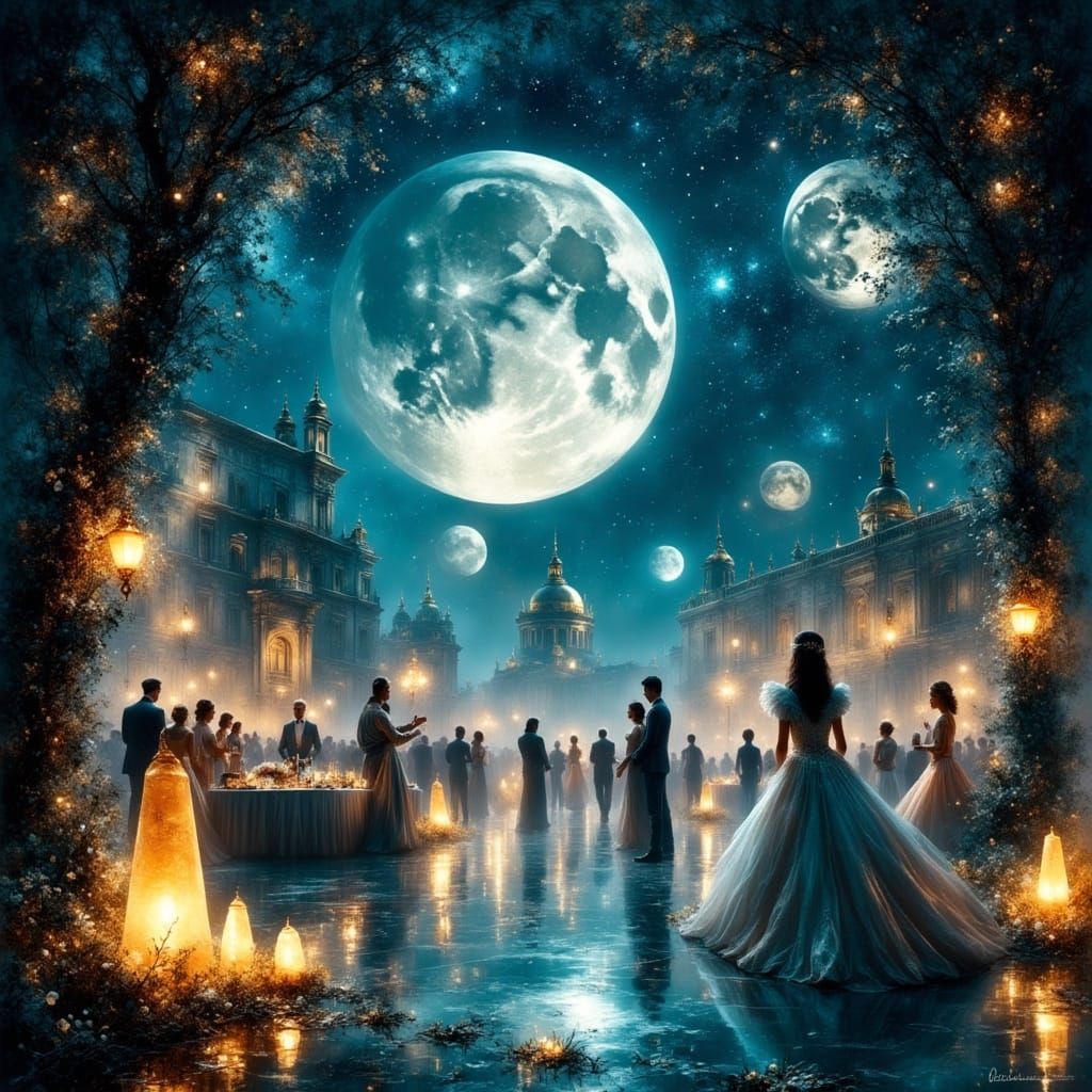 Moonlit Ball on Lunar Surface: Ethereal Visions