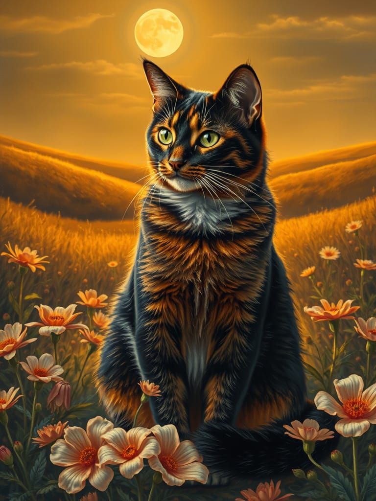 Elegant Tortoiseshell Cat in Golden Landscape as Oil Paintin...