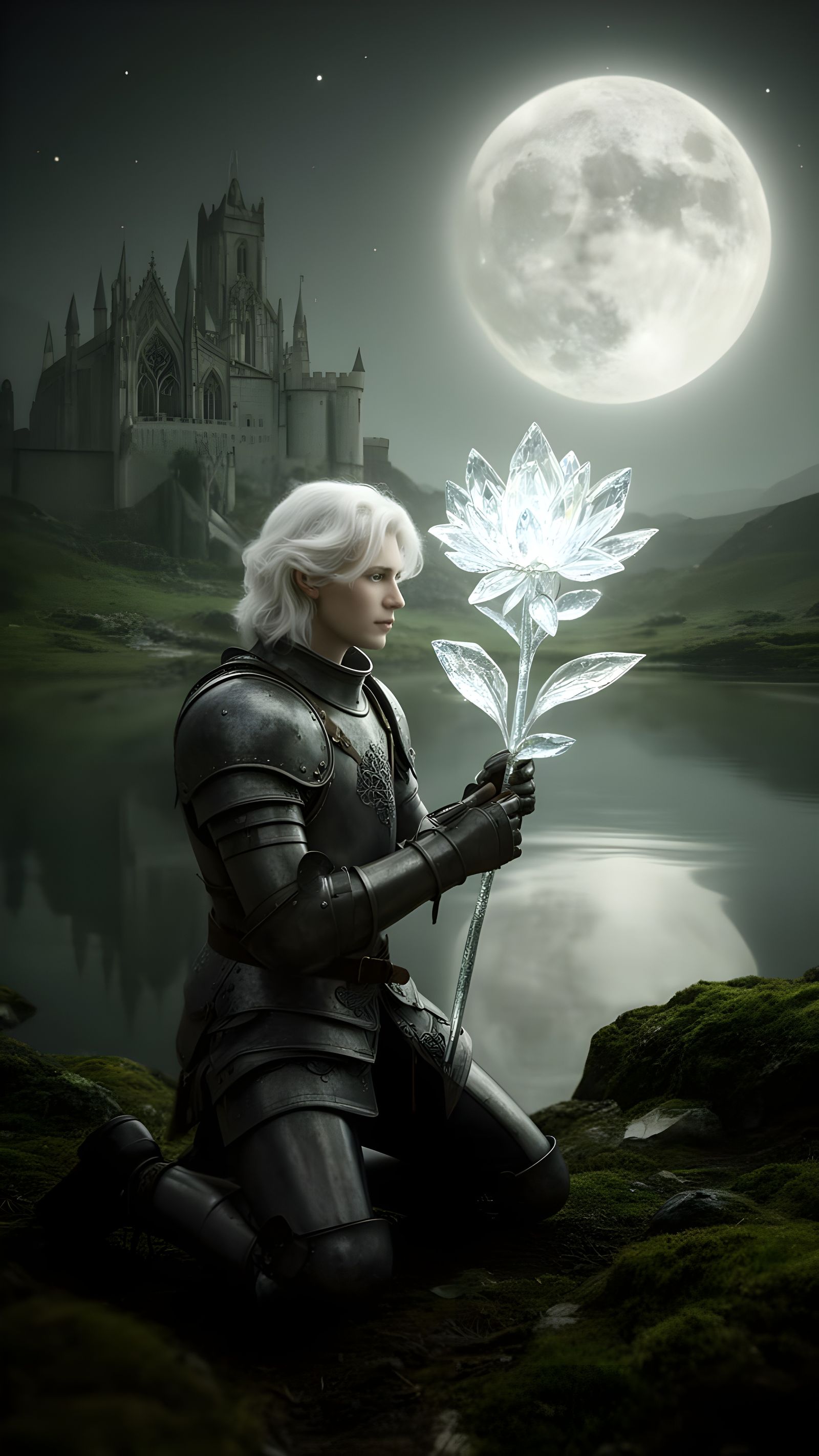 Knight Holds Glowing Crystal Flower by Gothic Castle