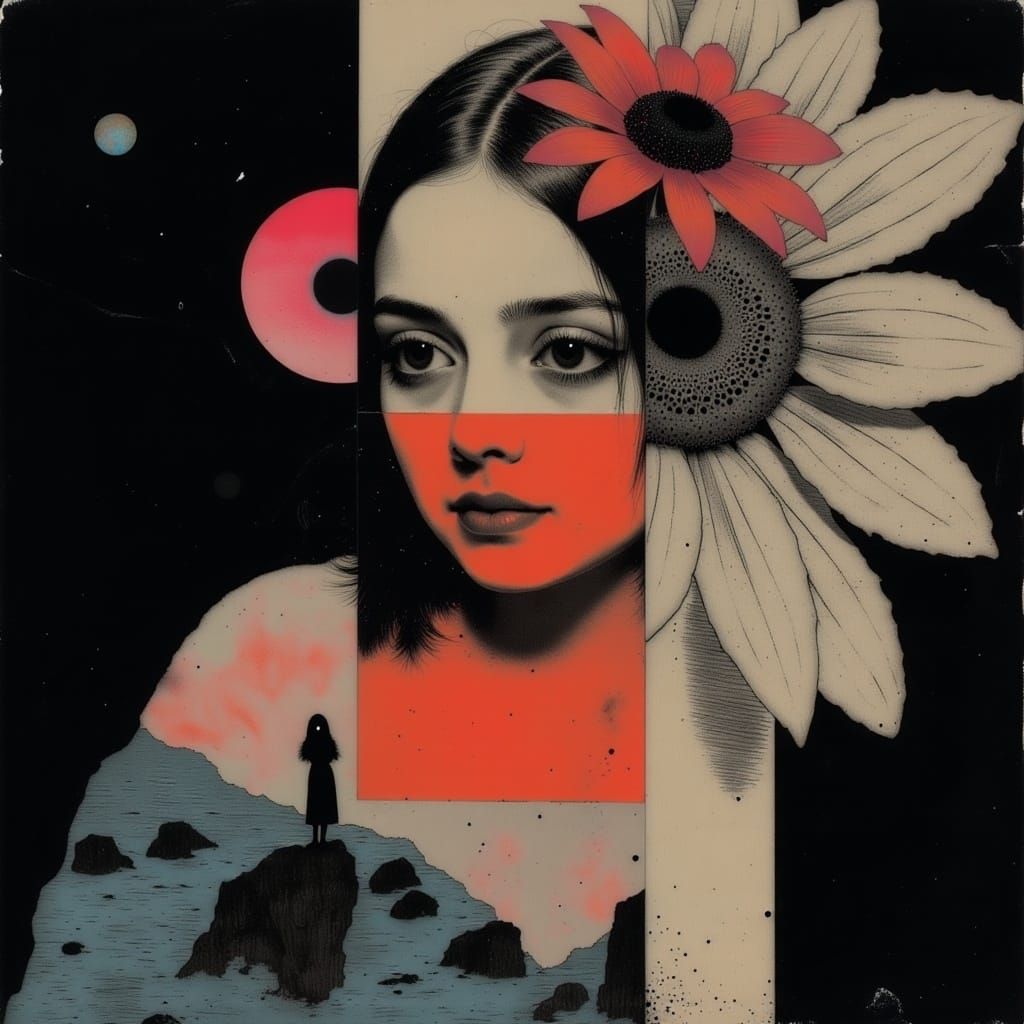 Dramatic Bohemian Woman with Iridescent Daisies in Expressio...