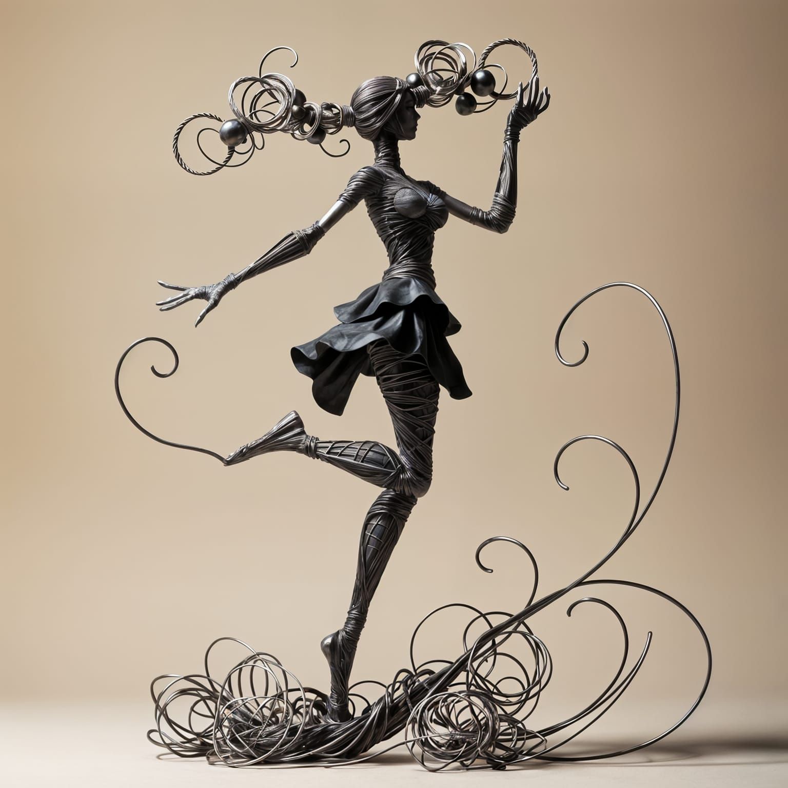 Wire Sculpture of Dancing Woman in Steampunk Style