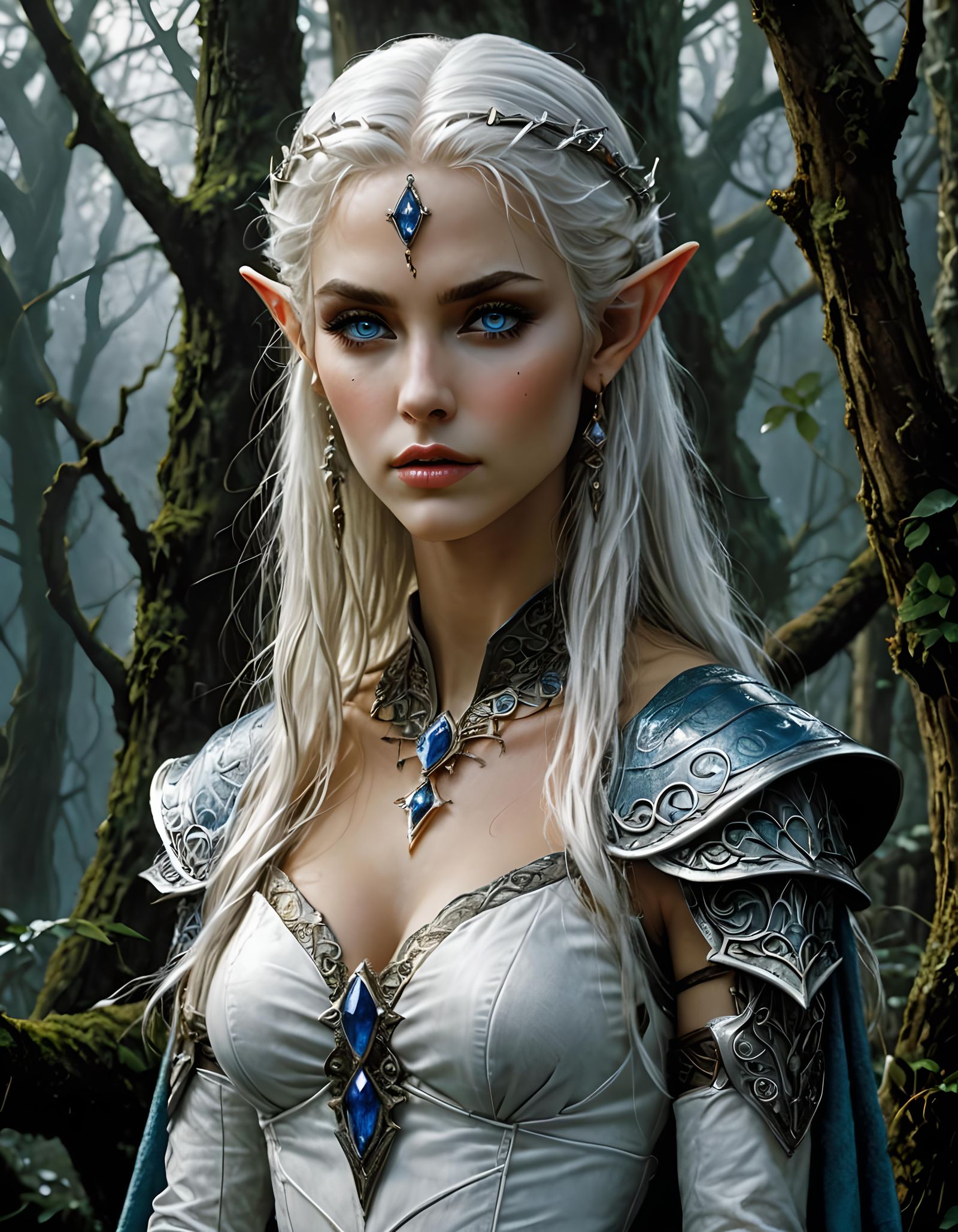 Gorgeous Elf Queen with White Hair, Hyperrealistic Art