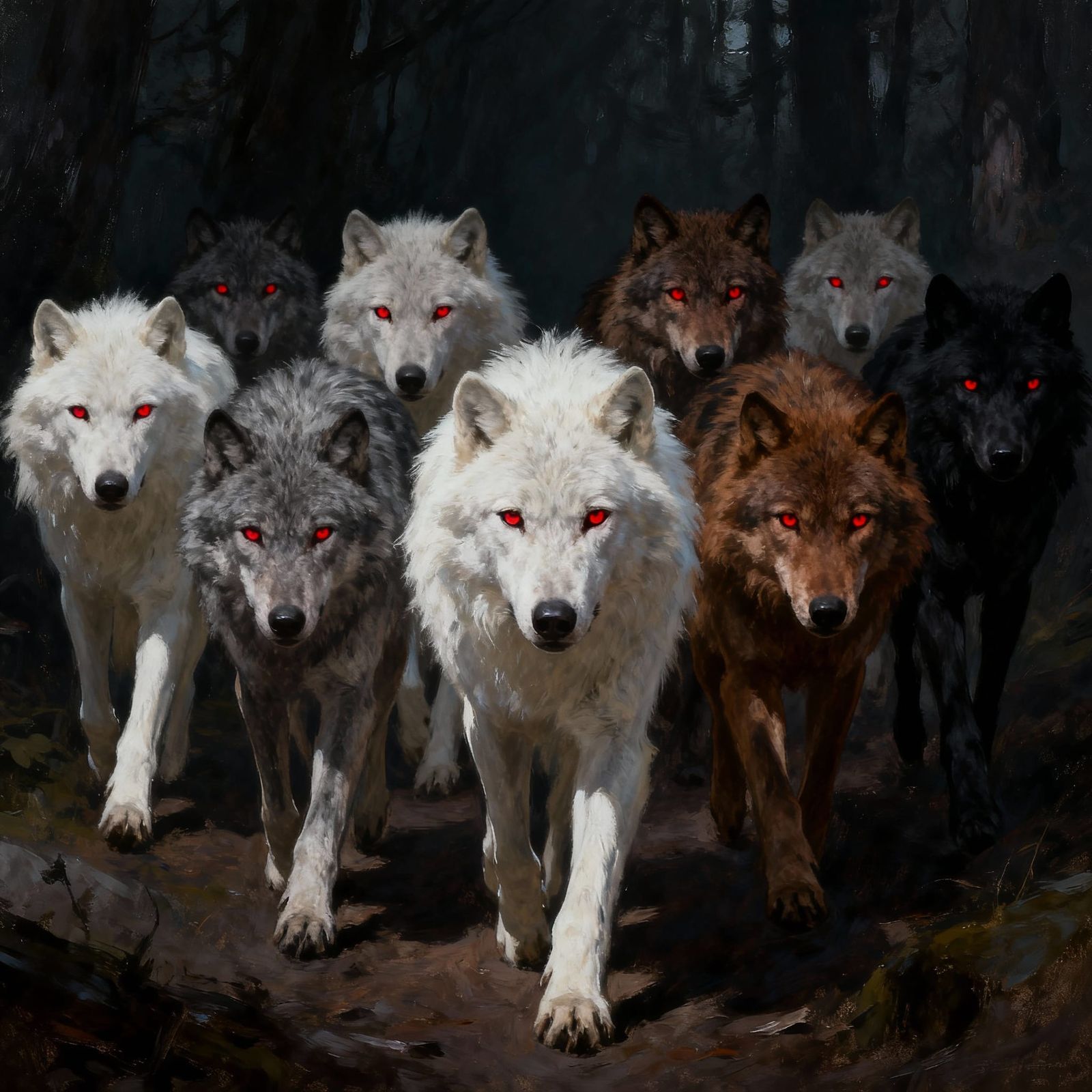 Eight Wolves With Red Eyes March Forward