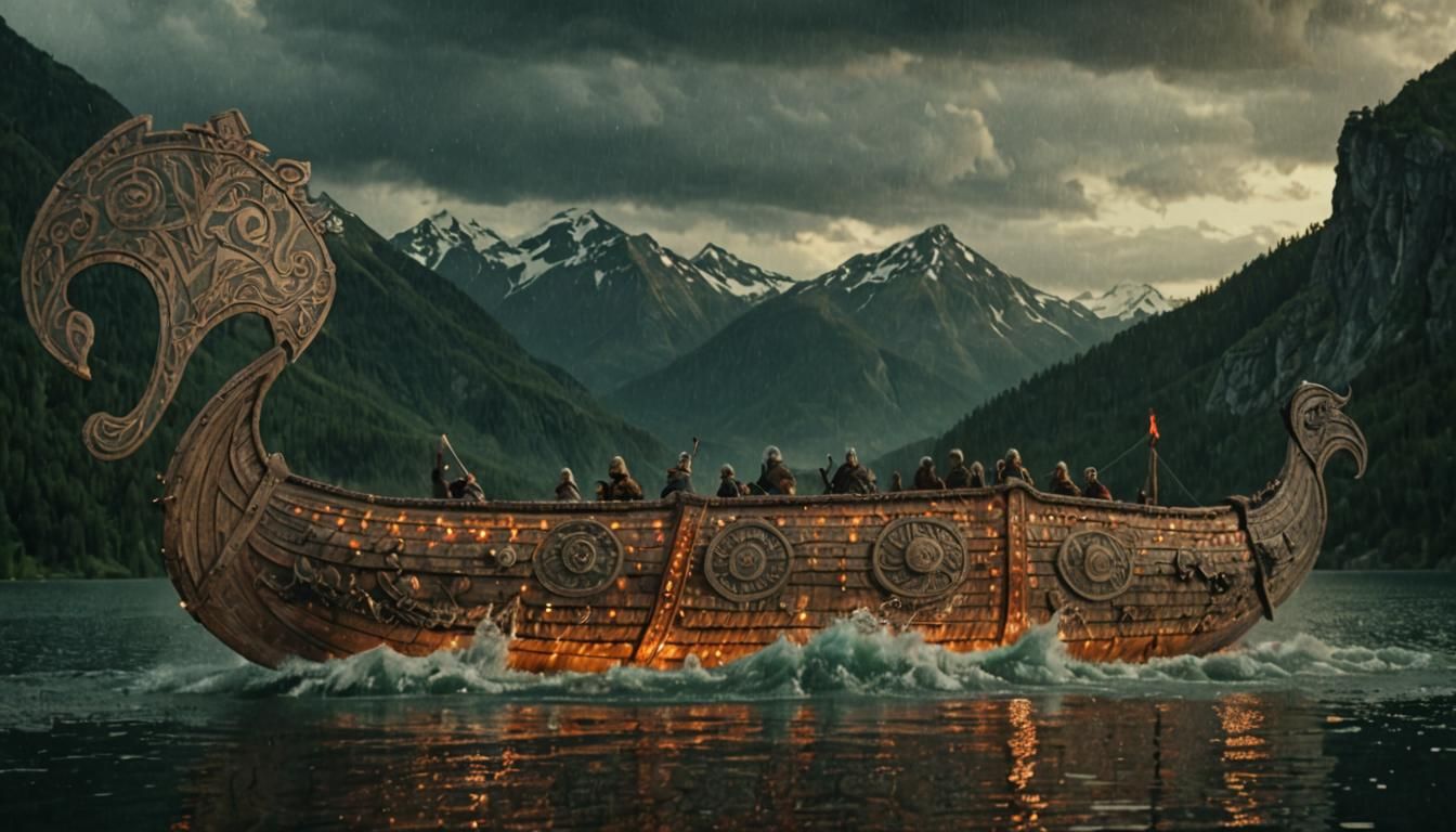 Magical Viking Ship on Endless Lake in Dark Fantasy Style